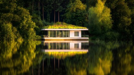 Serene lake house blends modern luxury seamlessly into a tranquil forest landscape design