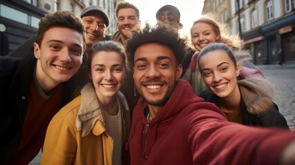 A group of seven young adults posing for a selfie on a city street, smiling and enjoying the moment.