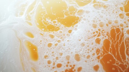 A close-up view of a bubbly surface with a mix of white and orange foam.