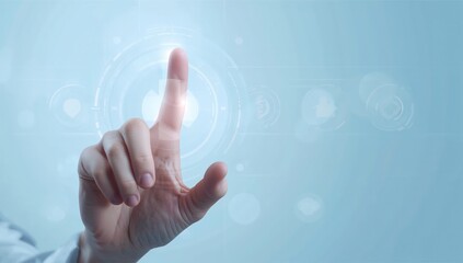 Futuristic healthcare concept with hand interacting with glowing medical icon symbolizing digital health and smart medical systems