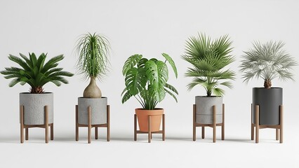 Five diverse potted plants with unique foliage and planters including a cycad, a ponytail palm, a monstera, and two palm varieties on a white