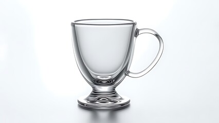 A clear, elegant, stemmed glass mug with a curved handle, sitting on a reflective surface against a white backdrop