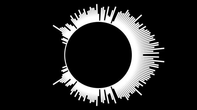 White circular graphic with lines radiating from edge on black background