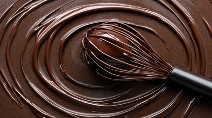 A black whisk rests on a pile of chocolate, with the whisk's wires visible against the rich, glossy surface.