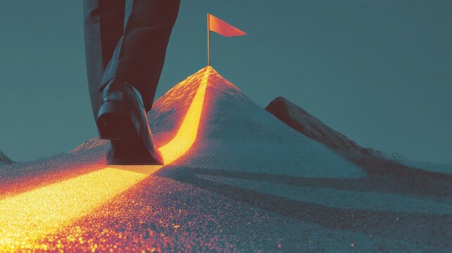 A person in a suit is walking towards a goal marked by a flag at the peak of a mountain illuminated in warm light
