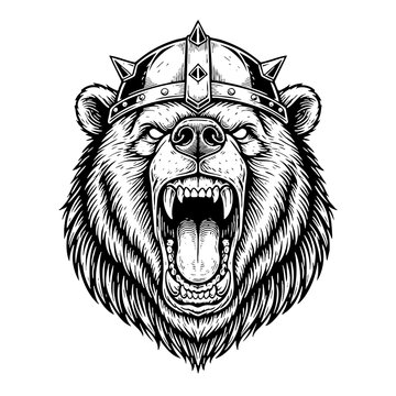 Wild Roaring Bear Head Mascot Wearing Nordic Warrior Helmet