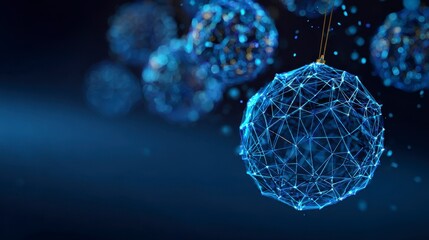 Blue-toned, abstract Christmas ornaments with a network design, hanging against a blurred background, suggesting connectivity