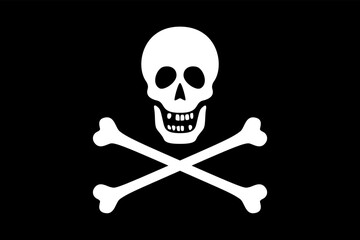 Jolly Roger, pirate flag with skull and crossbones on a black field. Ensign flown by a pirate ship preceding or during an attack. Modeled after an authentic Barbary Corsairs flag of the 19th century.