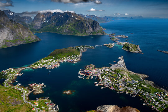 Spectacular Viewing Point Reinebringen Over Coastal Landscape At Reine And Hamnoy On Lofoten Islands In Norway