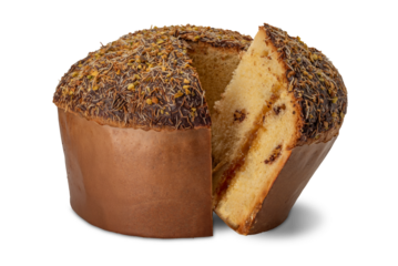 Panettone filled with pistachio cream and covered with chocolate and chopped pistachios, cake with slice isolated