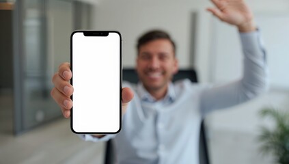 Happy entrepreneur holding smartphone with copy space screen promoting mobile app business technology and success concept