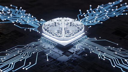 Glowing brain processor AI big data concept