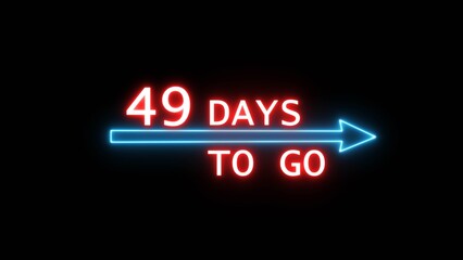 Glowing neon 49 days countdown text number. Glowing timer number illustration on black background.
