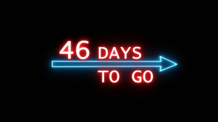 Glowing neon 46 days countdown text number. Glowing timer number illustration on black background.