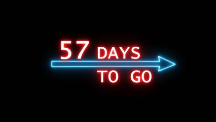 Glowing neon 57 days countdown text number. Glowing timer number illustration on black background.