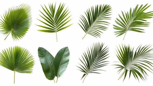 Close-up showcasing various types of palm fronds on a white background.