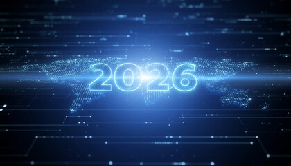 Digital World Map with Glowing 2026 Future Technology Concept