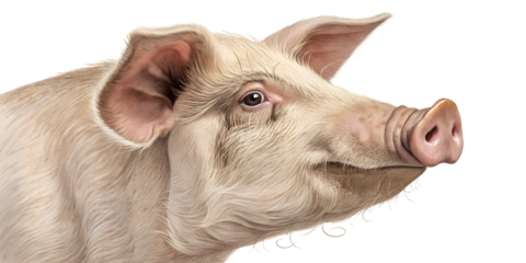 Close-up portrait of a pig head. Detailed farm animal isolated on transparent background.