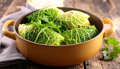 Savoy cabbage rolls in a pot