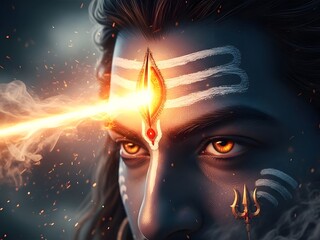 Lord Shiva Emitting Cosmic Energy Beam from Third Eye Symbolizing Divine Power and Spiritual Awakening