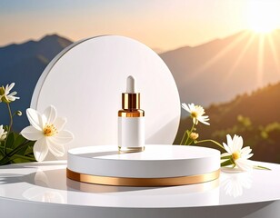 Minimal Cosmetic Branding Scene on Round Stand with Golden Light