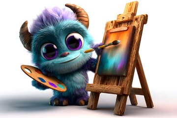 Cheerful Cartoon Monster Painter with Brush and Canvas