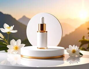 Cosmetic Branding Display Mockup on Circular Platform with Golden Sunlight