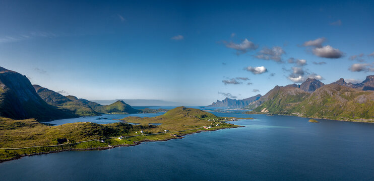 Aerial View Of Coastal Village Fredvang In Torsfjord On Lofoten Islands In Norway