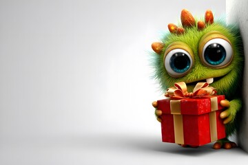 Cute Green Monster Peeking with Red Gift Box, Copy Space