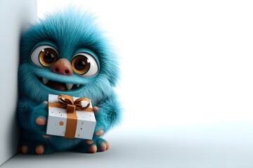 Cute Blue Fuzzy Monster Holding a Gift Box