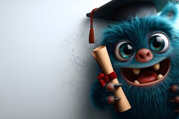 Cute Blue Fluffy Monster Graduate with Diploma and Copy Space