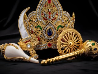 Luxurious Golden Ceremonial Objects Arranged on Rich Dark Fabric Symbolizing Royalty, Divinity, and Tradition