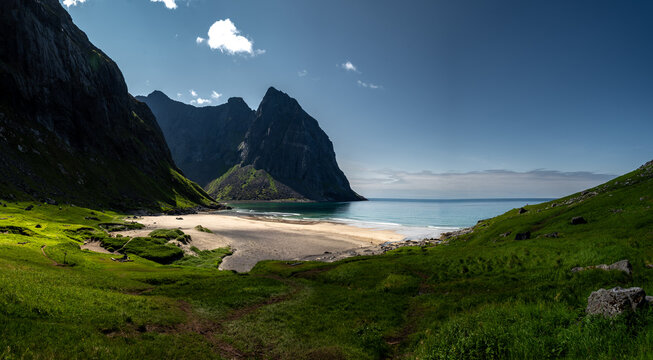 Kvalvika Sand Beach With Mountains And Ocean On Lofoten Islands In Norway