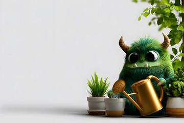 Cute 3D Green Monster Character Watering Potted Plants