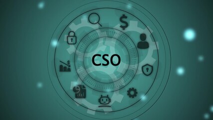 CSO acronym in center of hexagonal diagram with business icons on dark blue digital with gears background