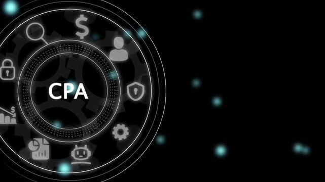 CPA concept with interconnected icons and with gears background Keywords: CPA, certified public accountant, finance, accounting, business, tax, audit