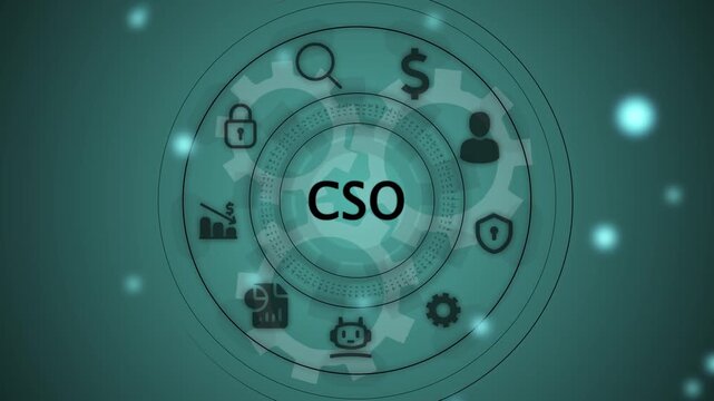CSO acronym in center of hexagonal diagram with business icons on dark blue digital with gears background