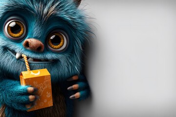 Cute Blue Furry Monster with Juice Box Peeking on White Background