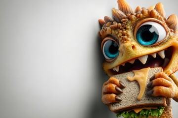 Cute 3D Monster Eating Sandwich with Dripping Cheese