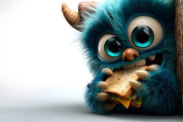 Cute Blue Fluffy Monster Eating a Sandwich, Peeking From Side