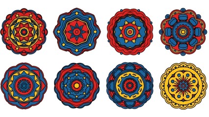 Playful primary color basic mandala shapes set featuring bold outlines of stars, waves, and dots in repeating patterns, vibrant scalable vectors for educational and decor markets