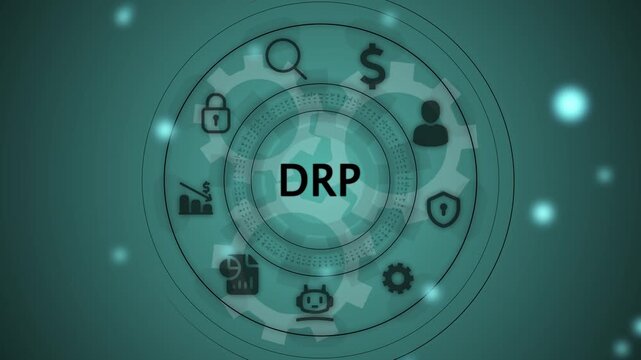 DRP Disaster Recovery Plan network diagram with icons and with gears background business continuity
