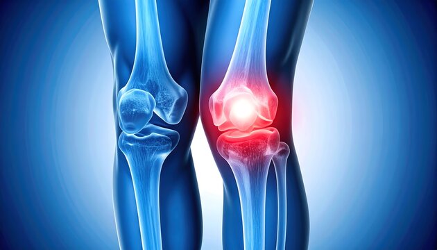 Medical illustration featuring human leg bones in blue with a highlighted, red-glowing knee joint, depicting inflammation