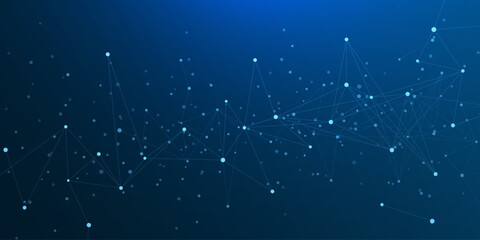 Abstract digital network connection with futuristic nodes and lines on dark blue background. Suitable for big data, cybersecurity, communication and AI design. Vector