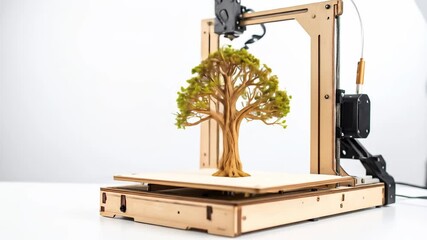 A 3D printer creates a miniature tree, symbolizing innovation and nature.
