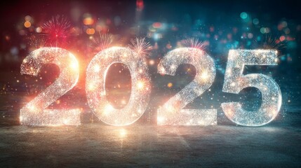 Illuminated 2025 numerals sparkle with light, set against a blurred city background with fireworks