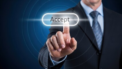 Fototapeta premium Businessman in suit interacting with virtual accept button on blue background