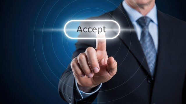 Businessman in suit interacting with virtual accept button on blue background