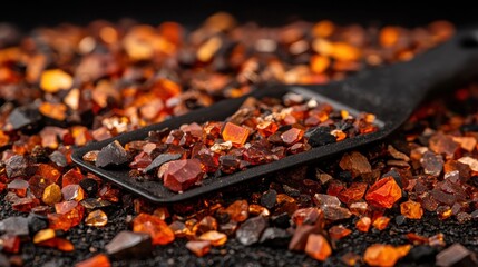 A black scoop filled with orange and red stones.