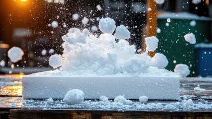A snow sculpture of a house is being blown away by the wind.